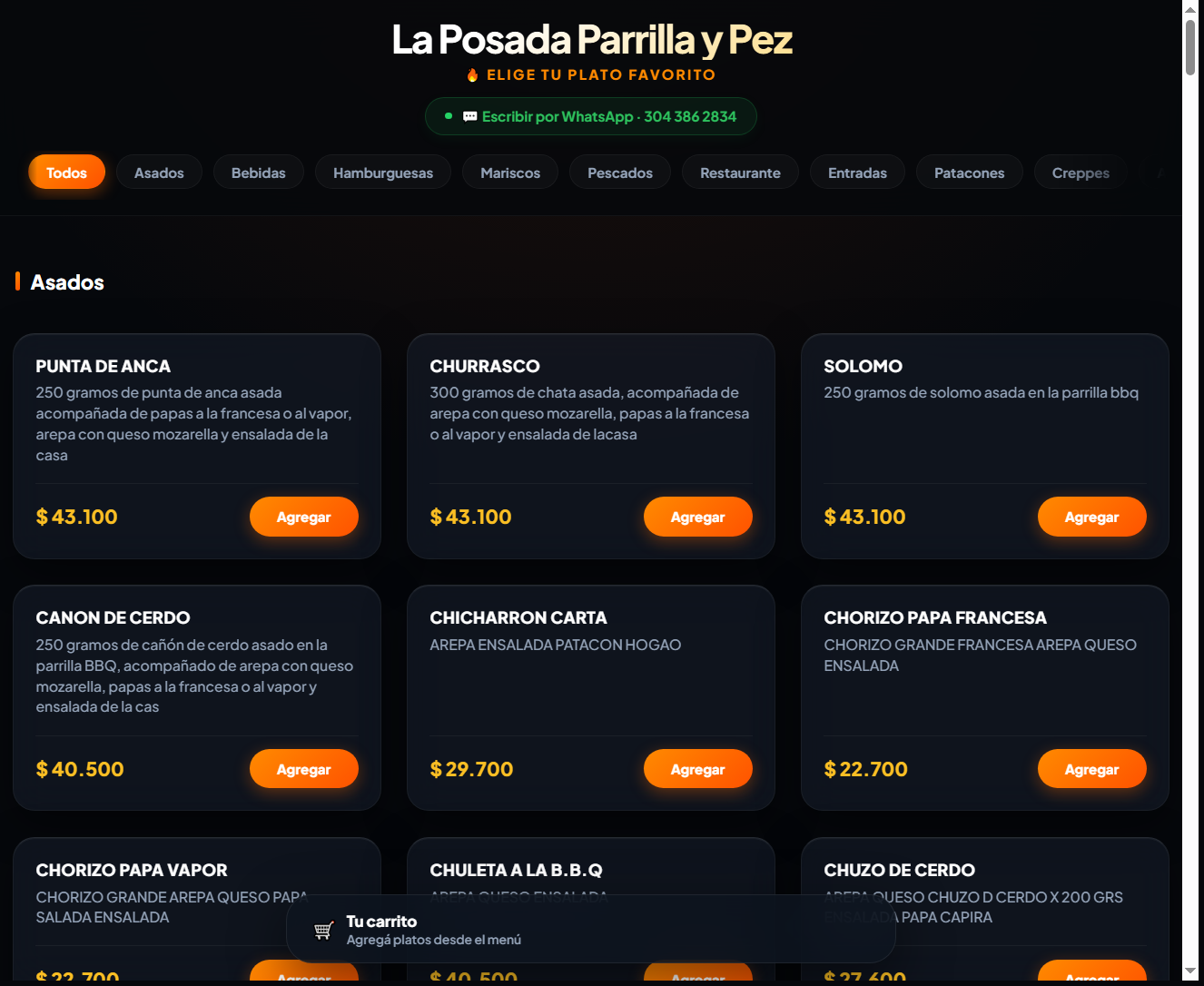 Menú web digital — elija platos y agregue al carrito